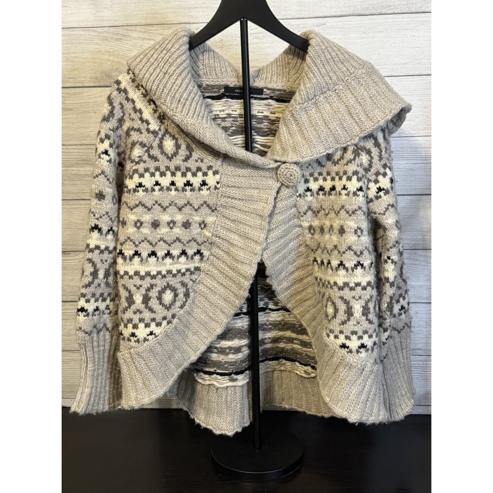 Sita Murt Cardigan Women's 38 Gray Merino Wool Fair Isle Shawl Collar